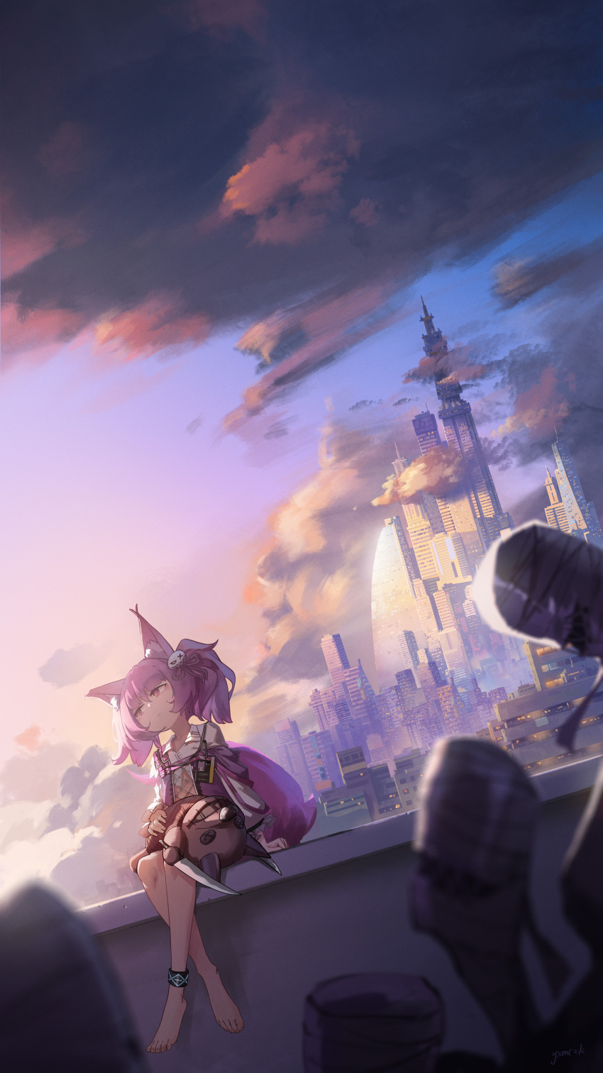 1girl absurdres animal_ear_fluff animal_ears anklet arknights bangs barefoot hair_between_eyes hair_ornament highres jewelry looking_to_the_side medium_hair pink_eyes pink_hair scenery shamare_(arknights) sitting solo tail yxmczk