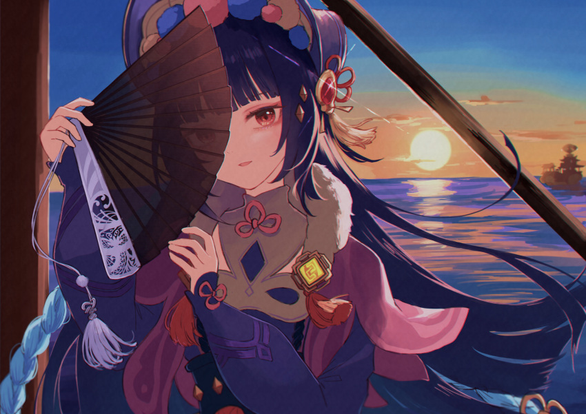 1girl bangs black_hair blunt_bangs bonnet commentary eyebrows_behind_hair eyeshadow fur_collar genshin_impact hand_fan highres holding holding_fan long_hair long_sleeves looking_at_viewer makeup open_mouth red_eyes solo sunset tassel very_long_hair vision_(genshin_impact) yamabuki_(laysis_yama) yunjin_(genshin_impact)