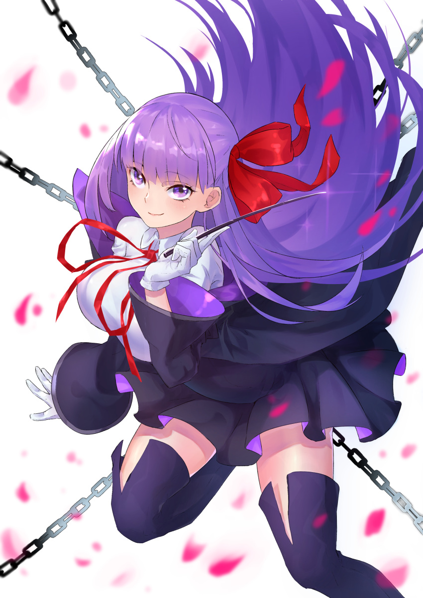 1girl _muta__ bangs bb_(fate)_(all) bb_(fate/extra_ccc) black_coat black_skirt breasts coat fate/extra fate/extra_ccc fate/grand_order fate_(series) gloves hair_ribbon high-waist_skirt highres holding holding_wand large_breasts leotard long_hair long_sleeves looking_at_viewer neck_ribbon open_clothes open_coat popped_collar purple_hair red_ribbon ribbon skirt smile very_long_hair violet_eyes wand white_gloves white_leotard wide_sleeves