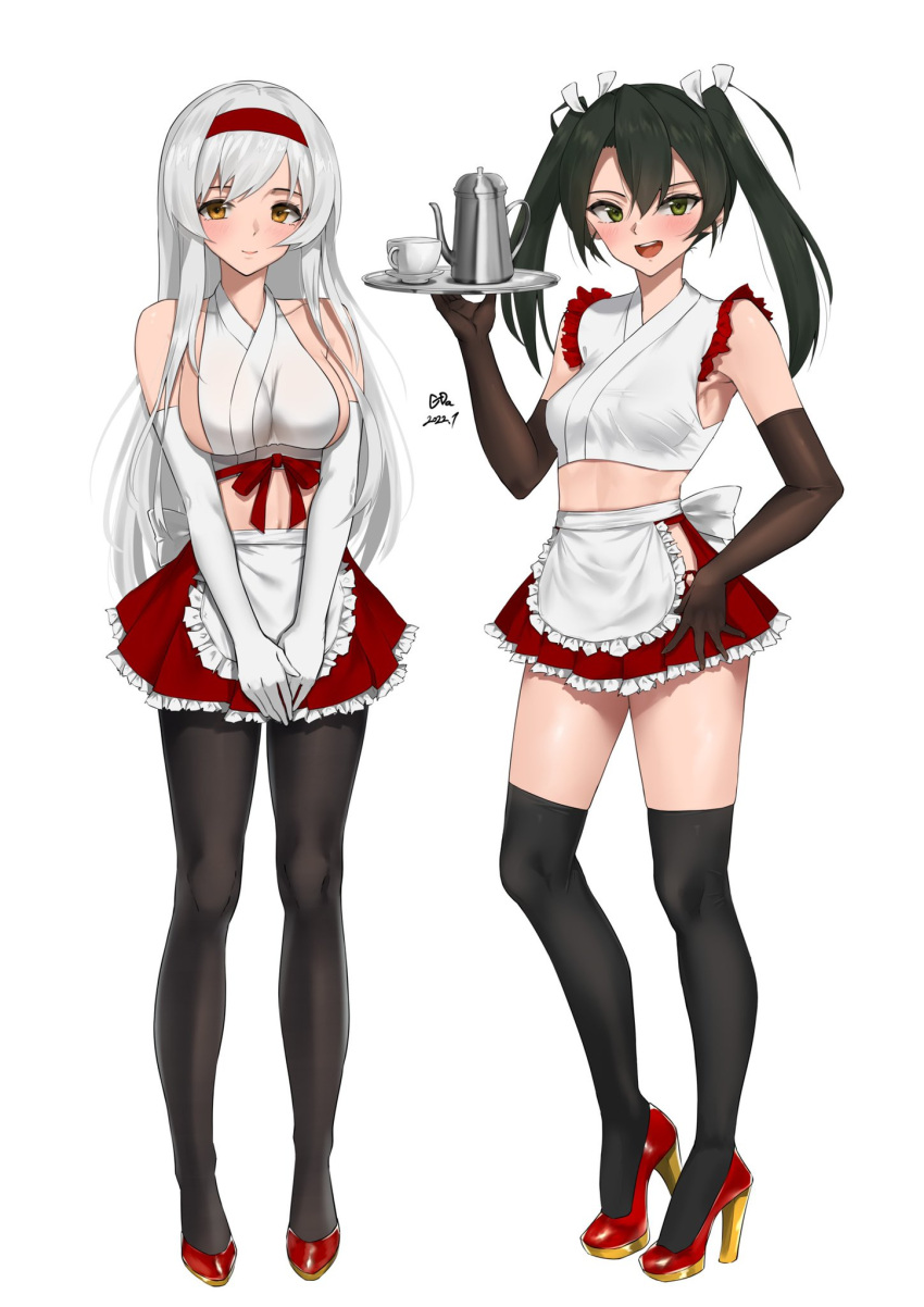 2girls alternate_costume apron bangs black_gloves black_hair black_legwear blush breasts c-da cup elbow_gloves enmaided frilled_skirt frilled_sleeves frills full_body gloves green_eyes hair_between_eyes hair_ribbon headband high_heels highres holding holding_tray kantai_collection large_breasts long_hair maid medium_breasts miniskirt multiple_girls open_mouth orange_eyes red_footwear red_headband red_skirt ribbon shoukaku_(kancolle) simple_background skirt sleeveless smile standing teapot thigh-highs tray twintails waist_apron white_apron white_background white_gloves white_hair white_ribbon zuikaku_(kancolle)