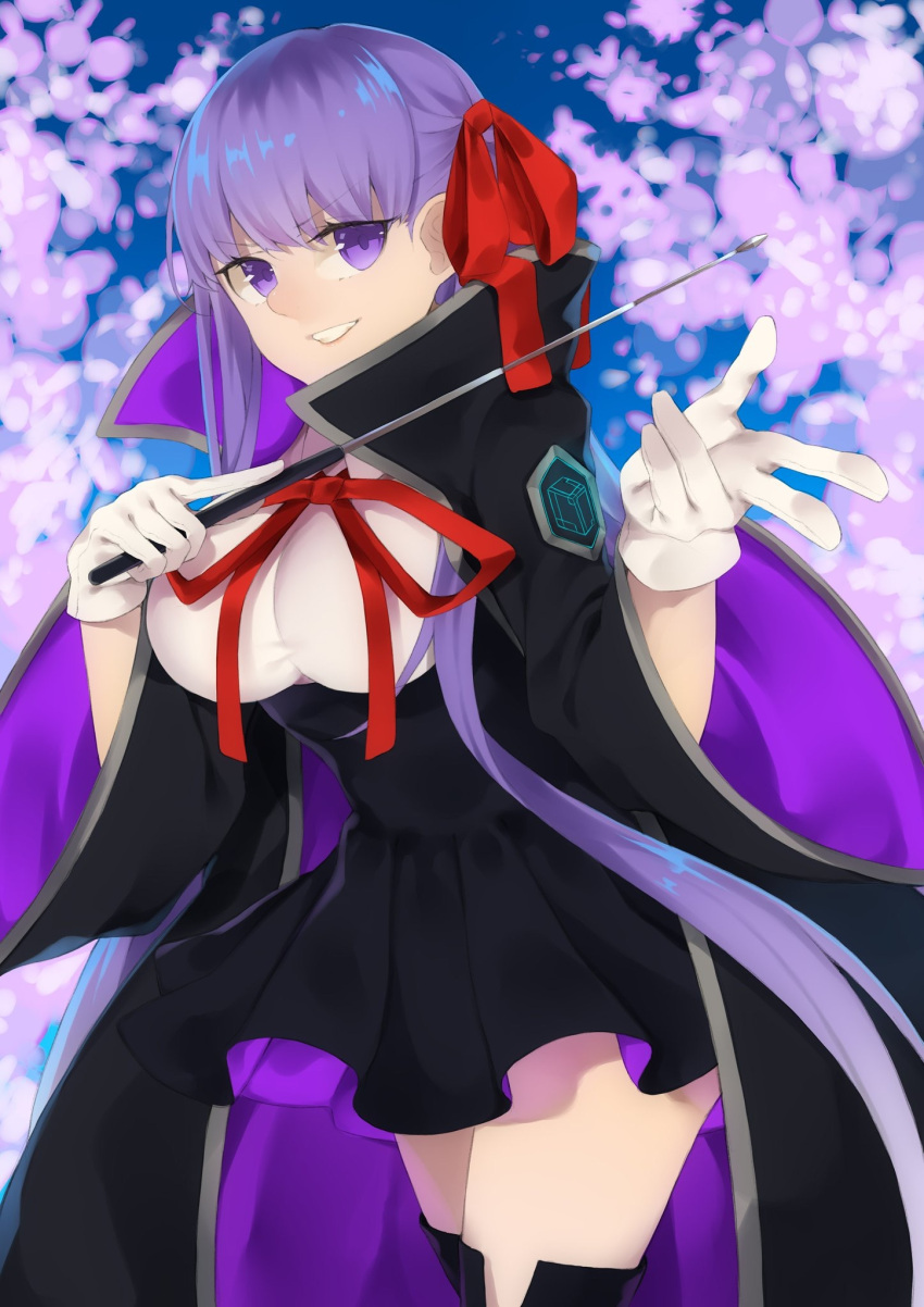 1girl bangs bb_(fate)_(all) bb_(fate/extra_ccc) black_coat black_skirt breasts coat e_conomy fate/extra fate/extra_ccc fate/grand_order fate_(series) gloves hair_ribbon high-waist_skirt highres holding holding_wand large_breasts leotard long_hair long_sleeves looking_at_viewer neck_ribbon open_clothes open_coat popped_collar purple_hair red_ribbon ribbon skirt smile very_long_hair violet_eyes wand white_gloves white_leotard wide_sleeves