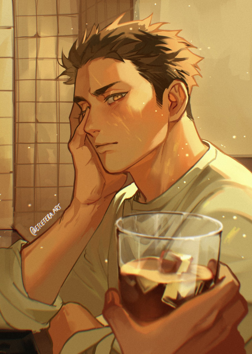 1boy arm_rest backlighting cup drink drinking_glass elbows_on_table etceteraart facing_to_the_side giving haikyuu!! hand_on_own_face highres ice ice_cube leaning_forward long_sleeves looking_at_viewer male_focus pov pov_hands sawamura_daichi serious short_hair sideburns sleeves_pushed_up solo_focus twitter_username