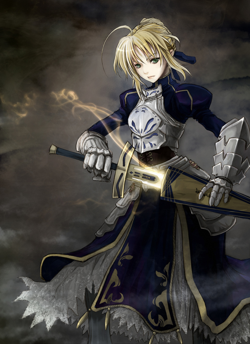 1girl ahoge artoria_pendragon_(all) blonde_hair blue_ribbon breasts cleavage_cutout clothing_cutout excalibur_(fate/stay_night) fate/grand_order fate/stay_night fate_(series) green_eyes hair_bun hair_ribbon holding holding_weapon juliet_sleeves long_sleeves maou_res medium_breasts puffy_sleeves ribbon saber solo sword weapon