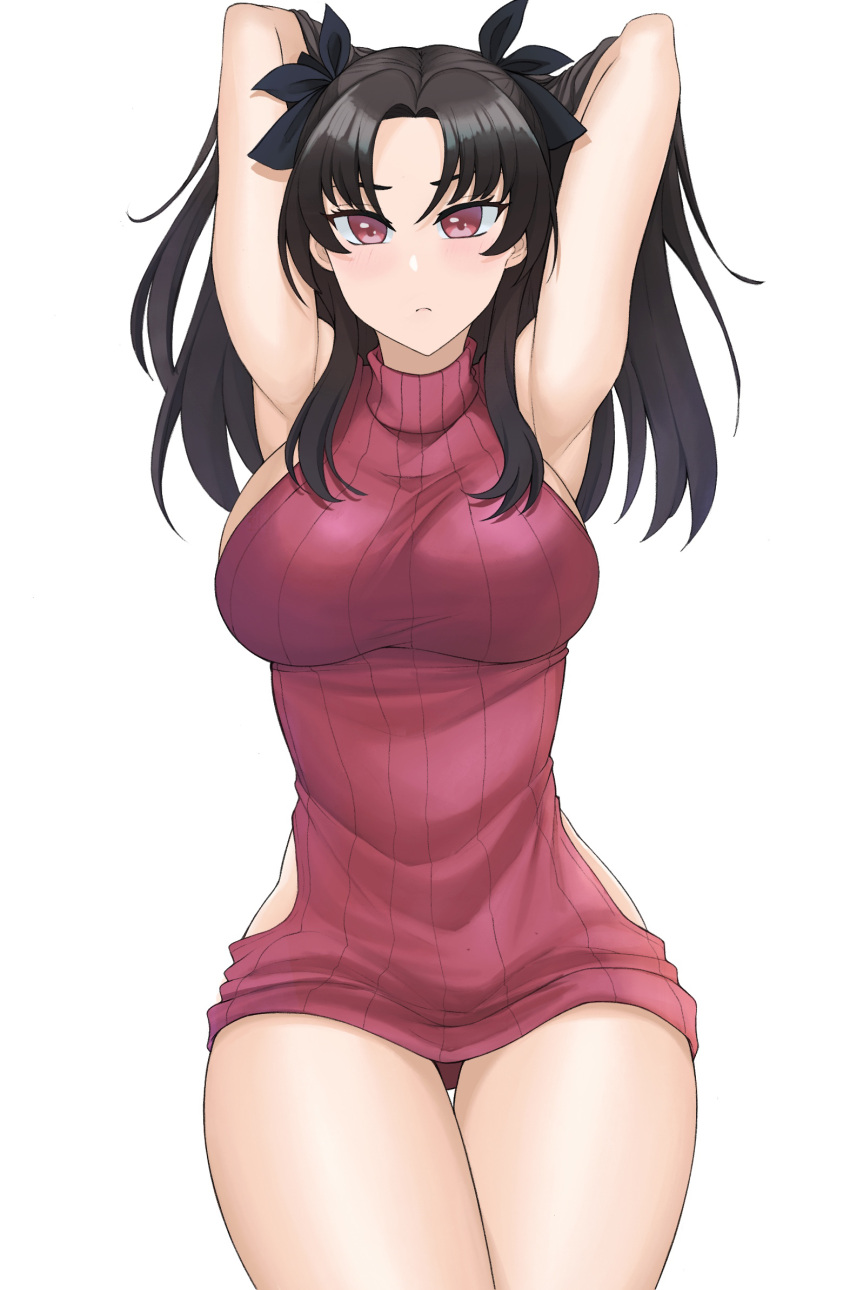 1girl aori_sora arm_behind_head armpits arms_up black_ribbon breasts closed_mouth commission cowboy_shot fate/stay_night fate_(series) hair_ribbon highres hip_vent large_breasts long_hair looking_at_viewer red_eyes red_sweater ribbed_sweater ribbon sideboob simple_background sleeveless sleeveless_sweater solo sweater thigh_gap thighs tohsaka_rin turtleneck turtleneck_sweater two_side_up white_background