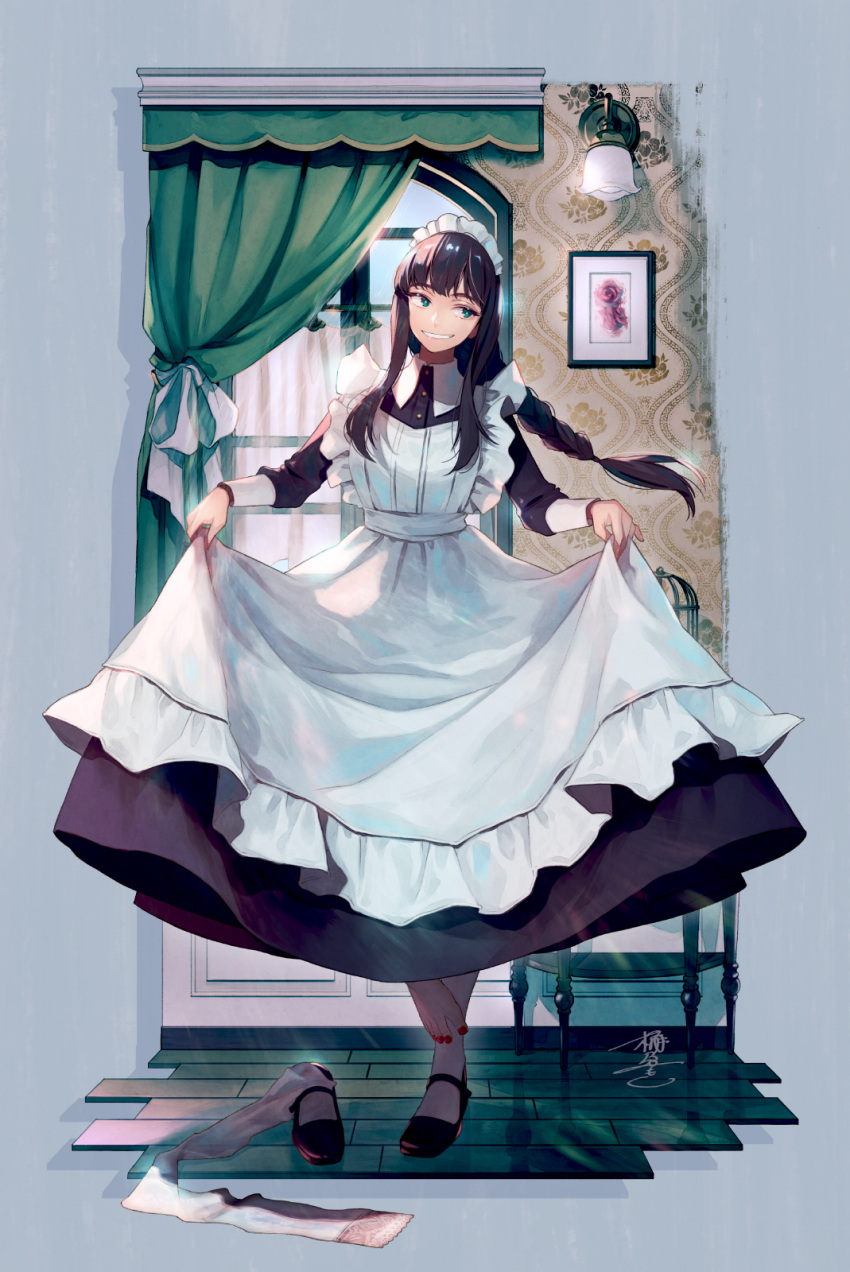 1girl apron bangs black_footwear black_hair curtains floor green_eyes grin highres holding holding_clothes long_hair long_sleeves looking_at_viewer maid maid_apron maid_headdress nail_polish okeno_kamoku open_mouth original picture_frame red_nails shadow shoes signature single_sock smile socks solo standing standing_on_one_leg table teeth thigh-highs toes white_apron white_footwear window