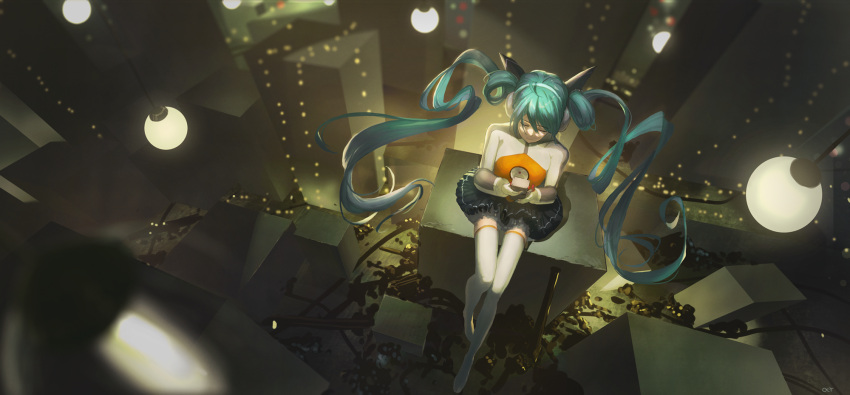 1girl ahoge aqua_hair black_skirt blurry blurry_background bodysuit breasts city closed_eyes commentary depth_of_field eyebrows_visible_through_hair from_above full_body gloves hair_between_eyes hatsune_miku headphones highres holding horns lamp long_hair medium_breasts night no_shoes odds_&amp;_ends_(vocaloid) reido_(reido_c) sitting skinny skirt solo thigh-highs twintails vocaloid white_gloves white_legwear