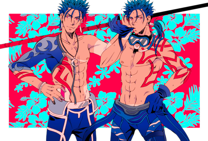 2boys abs beads biceps blue_hair bodypaint bracelet charatei closed_mouth collarbone crescent_necklace cu_chulainn_(fate) cu_chulainn_(fate/stay_night) detached_sleeves earrings fang fate/grand_order fate/stay_night fate_(series) floating_hair floral_background gae_bolg_(fate) gloves goggles goggles_around_neck grin groin hair_beads hair_ornament hand_on_hip holding holding_polearm holding_weapon jewelry long_hair male_focus multiple_boys muscular muscular_male navel nipples pectorals polearm polearm_behind_back ponytail red_eyes removing_glove short_hair single_sleeve skin_tight smile snorkel spiky_hair sweat tan tanlines topless_male weapon wet