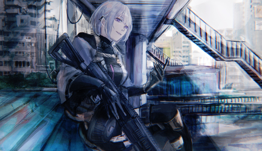 1girl arm_up bangs black_bodysuit black_legwear bodysuit breasts closed_mouth eyebrows_visible_through_hair feet_out_of_frame girls_frontline gun hair_ornament hairclip highres holding holding_gun holding_weapon looking_at_viewer machine_gun rpk-16 rpk-16_(girls'_frontline) scenery short_hair silver_hair sitting smile solo sushiwa tactical_clothes thigh-highs violet_eyes weapon