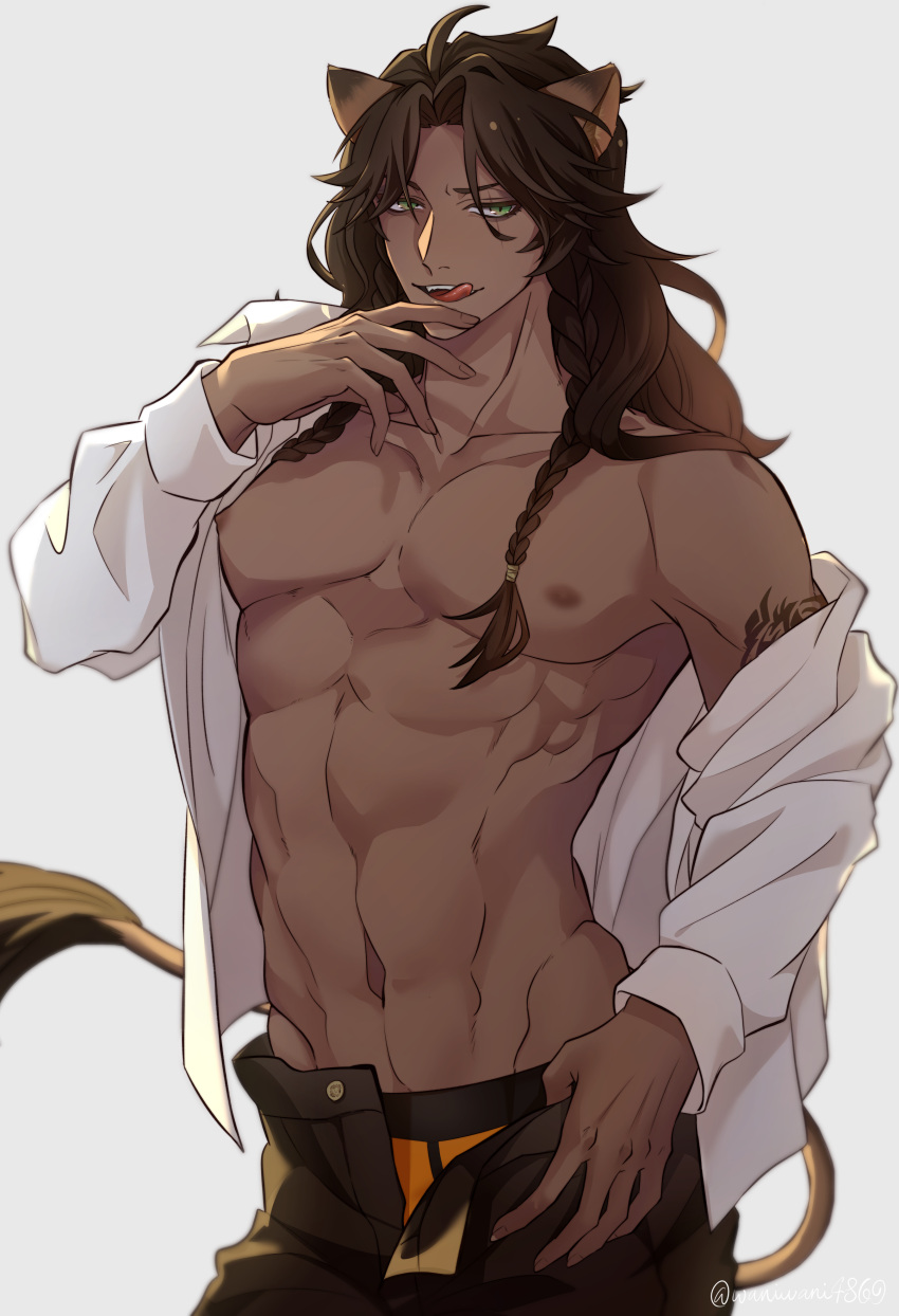 1boy absurdres animal_ears braid dark-skinned_male dark_skin green_eyes hand_up highres leona_kingscholar licking_lips lion_tail long_hair navel open_clothes open_shirt pectorals shirt simple_background solo standing tail tattoo toned toned_male tongue tongue_out twisted_wonderland underpants undressing waniwani4869 white_background white_shirt