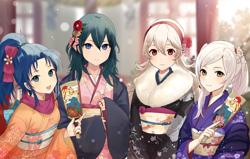 10s 2010 2012 2015 2019 4girls alternate_costume blue_hair blurry blurry_background bow byleth_(fire_emblem) byleth_eisner_(female) chinese_zodiac corrin_(fire_emblem) corrin_(fire_emblem)_(female) cute fire_emblem fire_emblem:_new_mystery_of_the_emblem fire_emblem:_three_houses fire_emblem_awakening fire_emblem_fates fire_emblem_heroes floral_print flower fur_collar green_hair hagoita hair_bow hair_flower hair_ornament hairband haru_(nakajou-28) highres intelligent_systems japanese_clothes kimono kris_(fire_emblem) light_blush looking_at_viewer multiple_girls new_year nintendo paddle ponytail robin_(fire_emblem) robin_(fire_emblem)_(female) scarf silver_hair smile super_smash_bros. twintails upper_body year_of_the_tiger