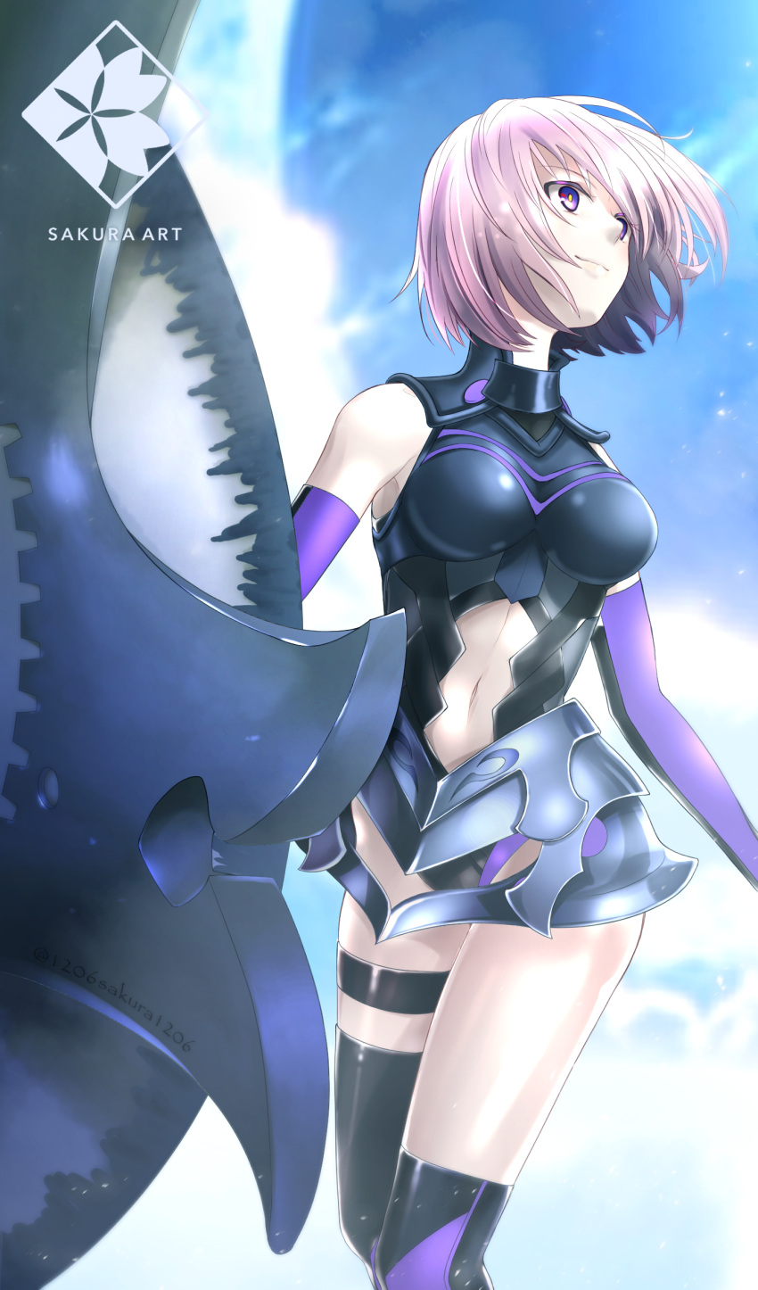 1206sakura1206 1girl armor bare_shoulders black_armor black_gloves breastplate closed_mouth clouds cloudy_sky commentary_request elbow_gloves eyebrows_visible_through_hair eyes_visible_through_hair fate/grand_order fate_(series) gloves grass hair_over_one_eye highres holding holding_shield holding_weapon light_purple_hair looking_at_viewer mash_kyrielight mountain out_of_frame outdoors pov purple_eyes purple_gloves shield short_hair sky smile two-tone_gloves weapon