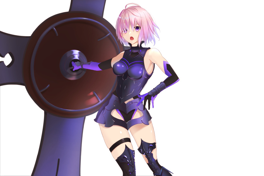 1girl 1other armor bare_shoulders black_armor black_gloves breastplate closed_mouth clouds cloudy_sky commentary_request ctyy elbow_gloves eyebrows_visible_through_hair eyes_visible_through_hair fate/grand_order fate_(series) gloves grass hair_over_one_eye highres holding holding_shield holding_weapon light_purple_hair looking_at_viewer mash_kyrielight mountain out_of_frame outdoors pov purple_eyes purple_gloves shield short_hair sky smile two-tone_gloves weapon