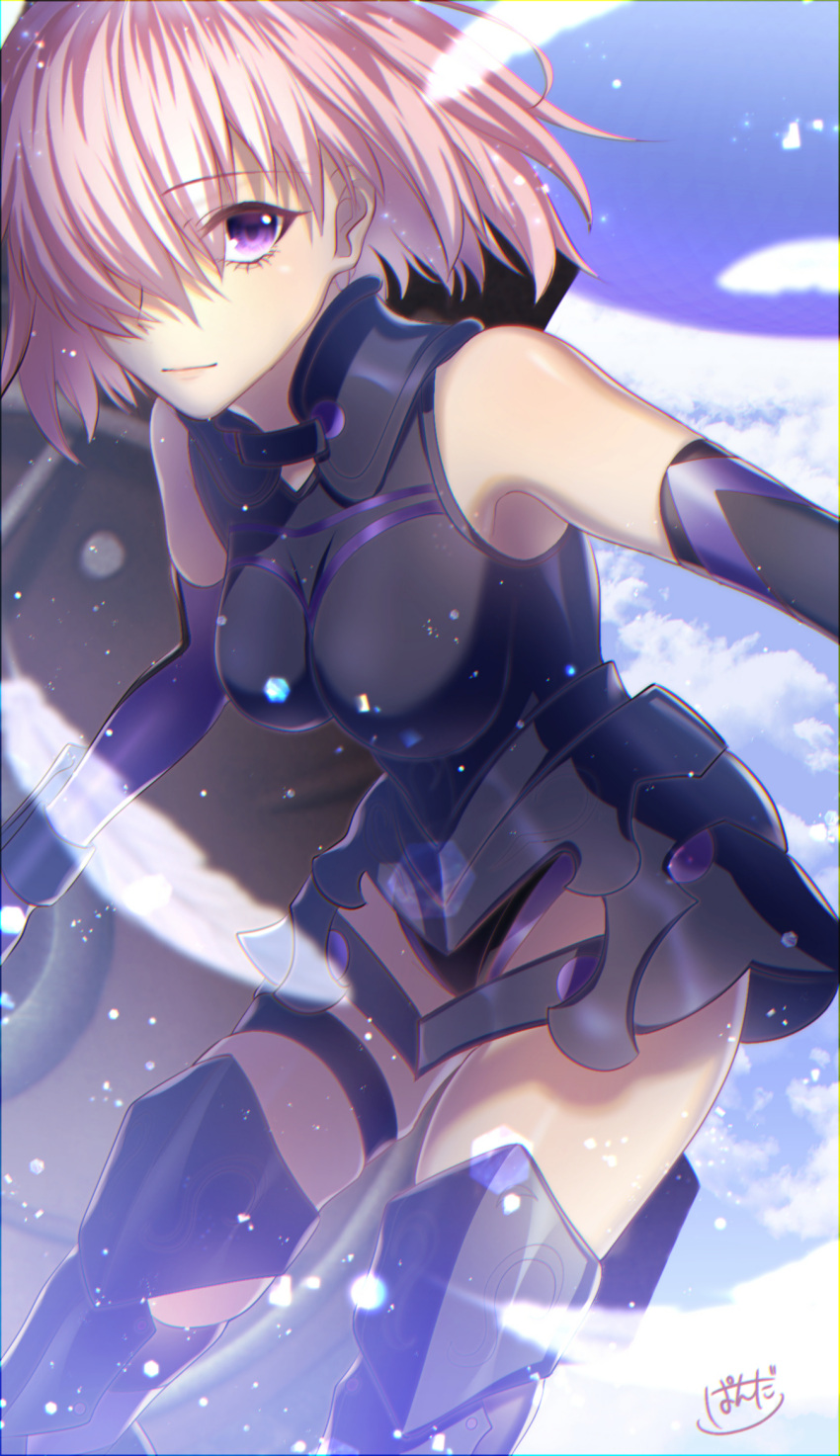 1girl armor bare_shoulders black_armor black_gloves breastplate closed_mouth clouds cloudy_sky commentary_request elbow_gloves eyebrows_visible_through_hair eyes_visible_through_hair fate/grand_order fate_(series) gloves grass hair_over_one_eye highres holding holding_shield holding_weapon light_purple_hair looking_at_viewer mash_kyrielight mountain out_of_frame outdoors pandapanda_l0ve pov purple_eyes purple_gloves shield shielder_(fate/grand_order) short_hair sky smile two-tone_gloves weapon