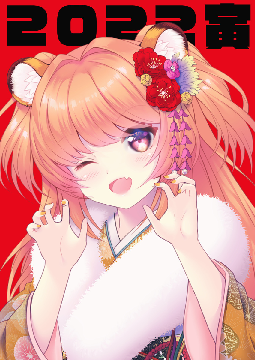 1girl ;d animal_ear_fluff animal_ears bangs blush brown_hair brown_kimono claw_pose commentary_request eyebrows_visible_through_hair fang floral_print flower furisode hair_flower hair_ornament highres japanese_clothes kimono long_hair long_sleeves nail_polish one_eye_closed orange_nails original print_kimono red_background red_eyes red_flower simple_background smile solo tiger_ears tsukimochikuriko_(tsukimochi_k) upper_body wide_sleeves