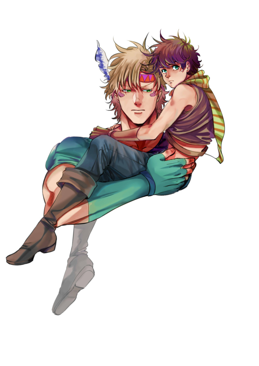 2boys absurdres age_difference age_regression battle_tendency blonde_hair blue_eyes boots brown_hair child edwintarm facial_mark feather_hair_ornament feathers fingerless_gloves gloves green_eyes hair_ornament headband highres holding_person jojo_no_kimyou_na_bouken joseph_joestar joseph_joestar_(young) male_focus multiple_boys oversized_clothes scarf striped striped_scarf younger