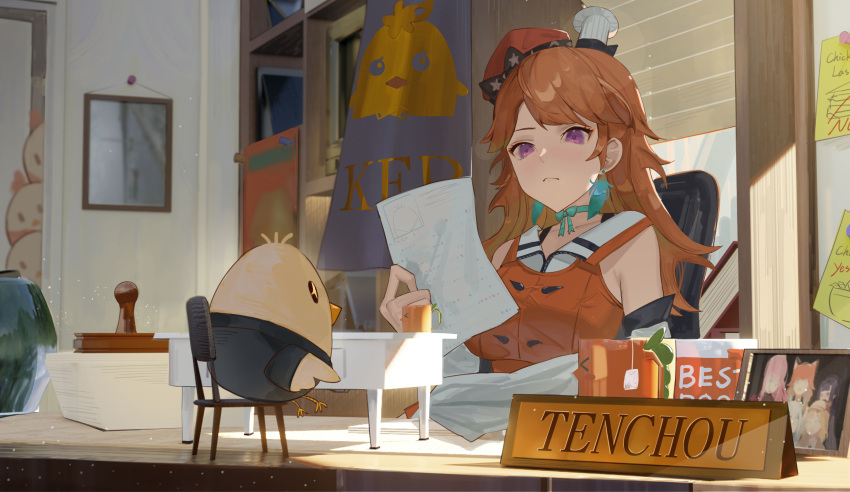 1girl absurdres bird blush breasts chair chick closed_mouth desk earrings highres holding hololive indoors jewelry jia_ma long_hair looking_at_object medium_breasts orange_hair photo_(object) sitting solo stamp takanashi_kiara violet_eyes window