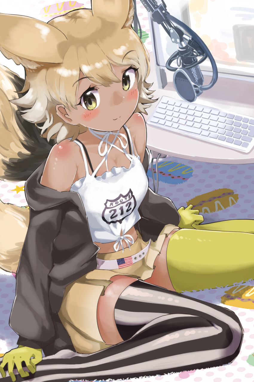 absurdres animal_ears arms_at_sides bangs bare_shoulders belt brown_hair coyote_(kemono_friends) coyote_ears coyote_girl coyote_tail extra_ears eyebrows_visible_through_hair gloves grey_hair highres iwa_(iwafish) kemono_friends kemono_friends_v_project keyboard_(computer) light_brown_hair long_sleeves looking_at_viewer medium_hair microphone microskirt monitor multicolored_hair neck_ribbon off_shoulder parted_bangs pleated_skirt ribbon sitting skirt spaghetti_strap tail tan thigh-highs two-tone_hair virtual_youtuber wariza yellow_eyes zettai_ryouiki