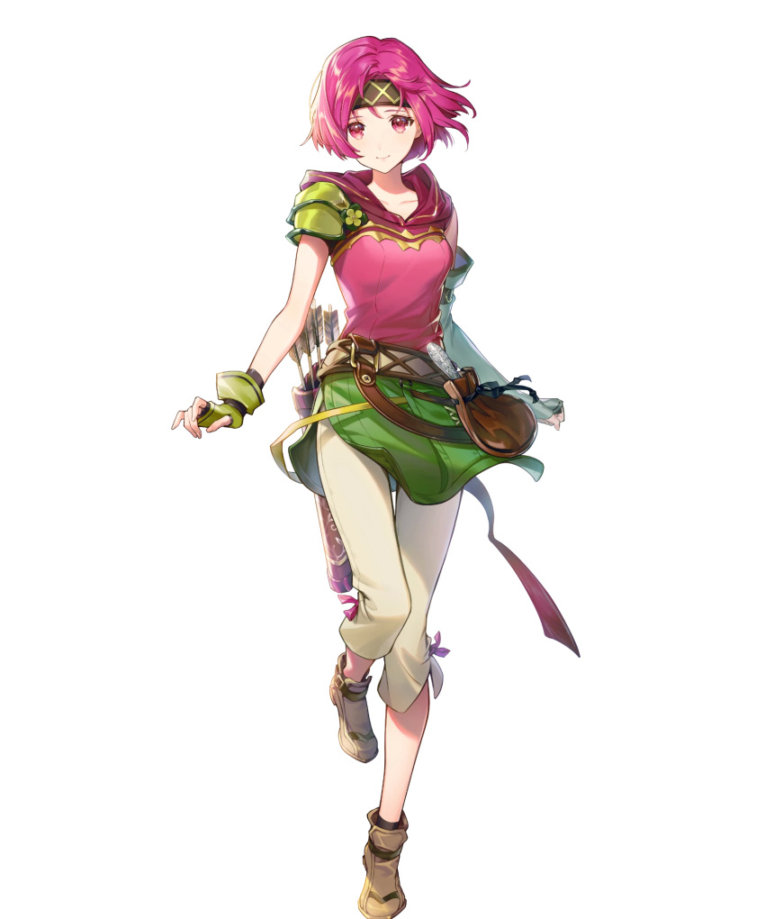 1girl armor arrow_(projectile) asymmetrical_gloves bangs belt belt_pouch breasts capri_pants closed_mouth collarbone elbow_gloves female fingerless_gloves fire_emblem fire_emblem:_the_sacred_stones fire_emblem_heroes full_body gloves hagiya_kaoru headband highres hood hood_down lips looking_at_viewer medium_breasts neimi_(fire_emblem) official_art pants parted_bangs pink_eyes pink_hair pouch quiver shiny shiny_hair shoes short_hair shoulder_armor simple_background smile solo standing_on_one_leg transparent_background