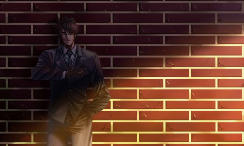 1boy absurdres battle_tendency brick_wall brown_hair cheekbones darkness edwintarm formal gloves hand_in_pocket highres jojo_no_kimyou_na_bouken joseph_joestar joseph_joestar_(young) male_focus messy_hair necktie shade shadow solo suit