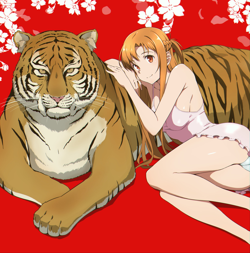 1girl absurdres animal ass asuna_(sao) bare_arms bare_legs bare_shoulders blush braid breasts brown_eyes brown_hair camisole chinese_zodiac collarbone commentary_request highres long_hair looking_at_viewer lying medium_breasts on_side panties pink_camisole puge red_background shiny shiny_hair side_braid simple_background sitting sleeveless smile solo spaghetti_strap sword_art_online tiger underwear white_panties year_of_the_tiger