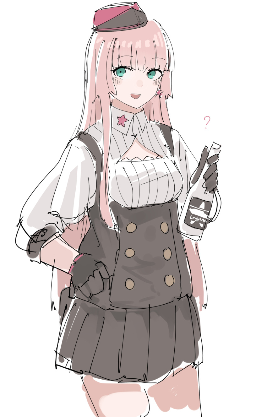 1girl ? absurdres alcohol aqua_eyes bangs black_gloves black_headwear black_skirt blush bottle breasts earrings eyebrows_visible_through_hair feet_out_of_frame girls_frontline gloves hand_on_hip highres holding holding_bottle jewelry long_hair looking_at_viewer open_mouth pink_hair rampart1028 shirt simonov_(girls'_frontline) skirt smile solo standing star_(symbol) star_earrings suspender_skirt suspenders vodka white_background white_shirt