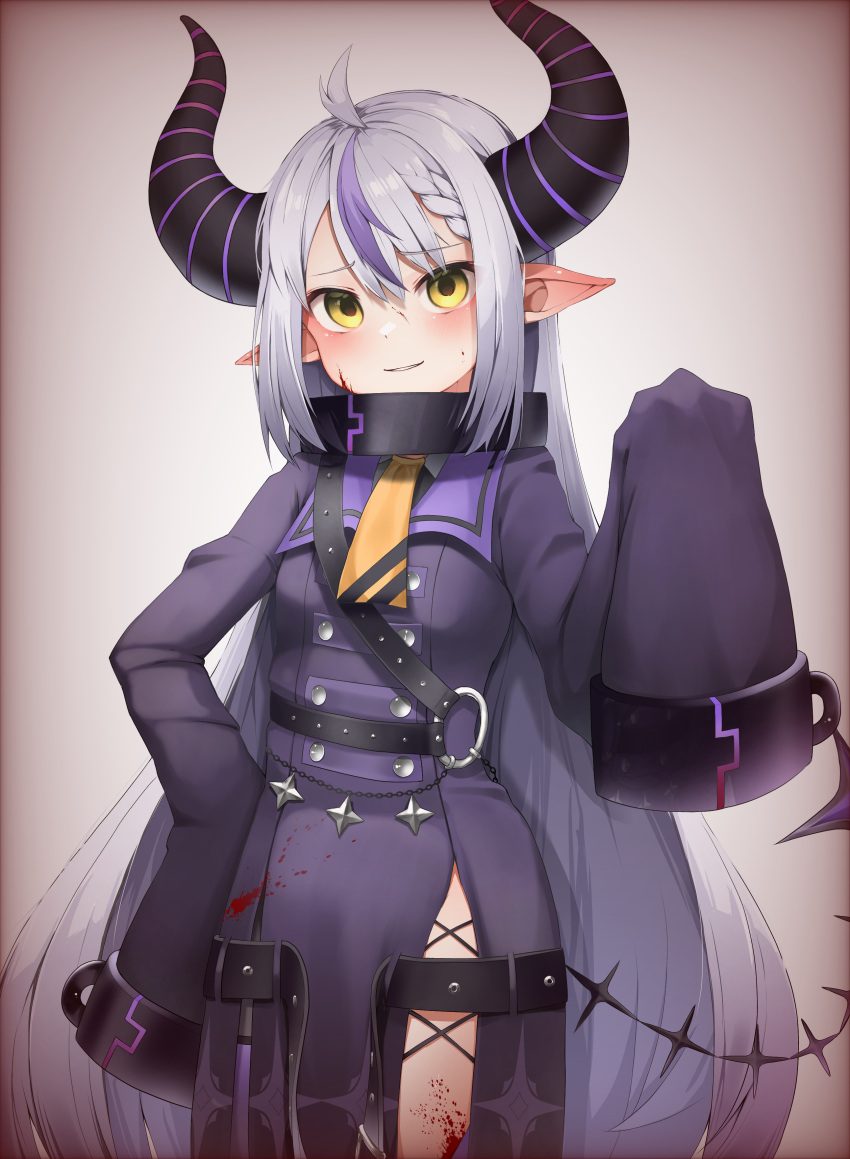 1girl absurdres ahoge ascot bangs black_dress blood blood_on_clothes blood_on_face blush braid braided_bangs collar commentary_request cowboy_shot demon_horns dress eyebrows_visible_through_hair hand_on_hip hand_up highres hololive horns la+_darknesss long_sleeves metal_collar multicolored_hair parted_lips pepushi_drow pointy_ears purple_hair silver_hair sleeves_past_fingers sleeves_past_wrists smile solo standing streaked_hair tail v-shaped_eyebrows virtual_youtuber yellow_ascot yellow_eyes