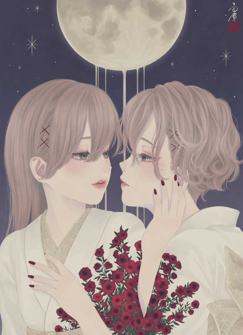 2girls absurdres bangs blonde_hair blue_background brown_eyes curly_hair eyelashes face-to-face floral_print flower full_moon hair_ornament hand_on_another's_chest hand_on_another's_neck hand_up highres japanese_clothes kimono light_blush long_hair looking_at_another matching_outfit moon multiple_girls nail_polish night night_sky obi original parted_lips print_kimono profile red_flower red_nails sash shippou_(pattern) short_hair sky star_(sky) straight_hair ushiyama_ame white_kimono x_hair_ornament yuri