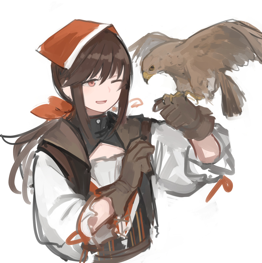 1girl 1other absurdres animal arm_up bangs bird bird_on_hand black_vest brown_gloves brown_hair eyebrows_visible_through_hair falcon falcon_(girls'_frontline) girls_frontline gloves headband highres long_hair looking_at_another one_eye_closed open_mouth ponytail rampart1028 red_eyes red_headband ribbon shirt sidelocks smile solo upper_body vest white_background white_shirt