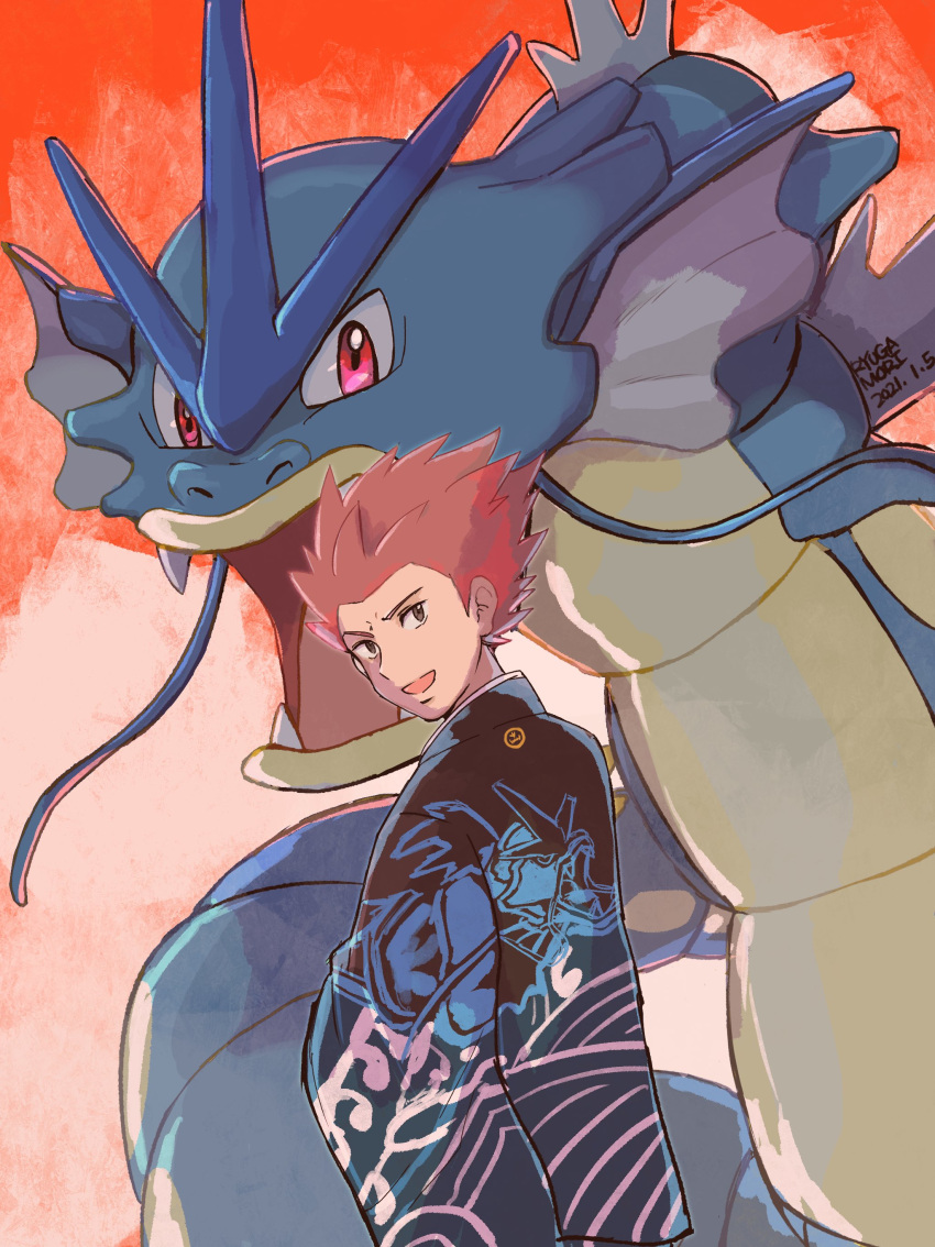 1boy absurdres character_print commentary_request dated fangs gyarados highres japanese_clothes kimono lance_(pokemon) looking_back male_focus multicolored_clothes multicolored_kimono official_alternate_costume open_mouth pink_eyes pokemon pokemon_(creature) pokemon_(game) pokemon_masters_ex redhead ryu_gamori short_hair signature smile spiky_hair tongue yukata