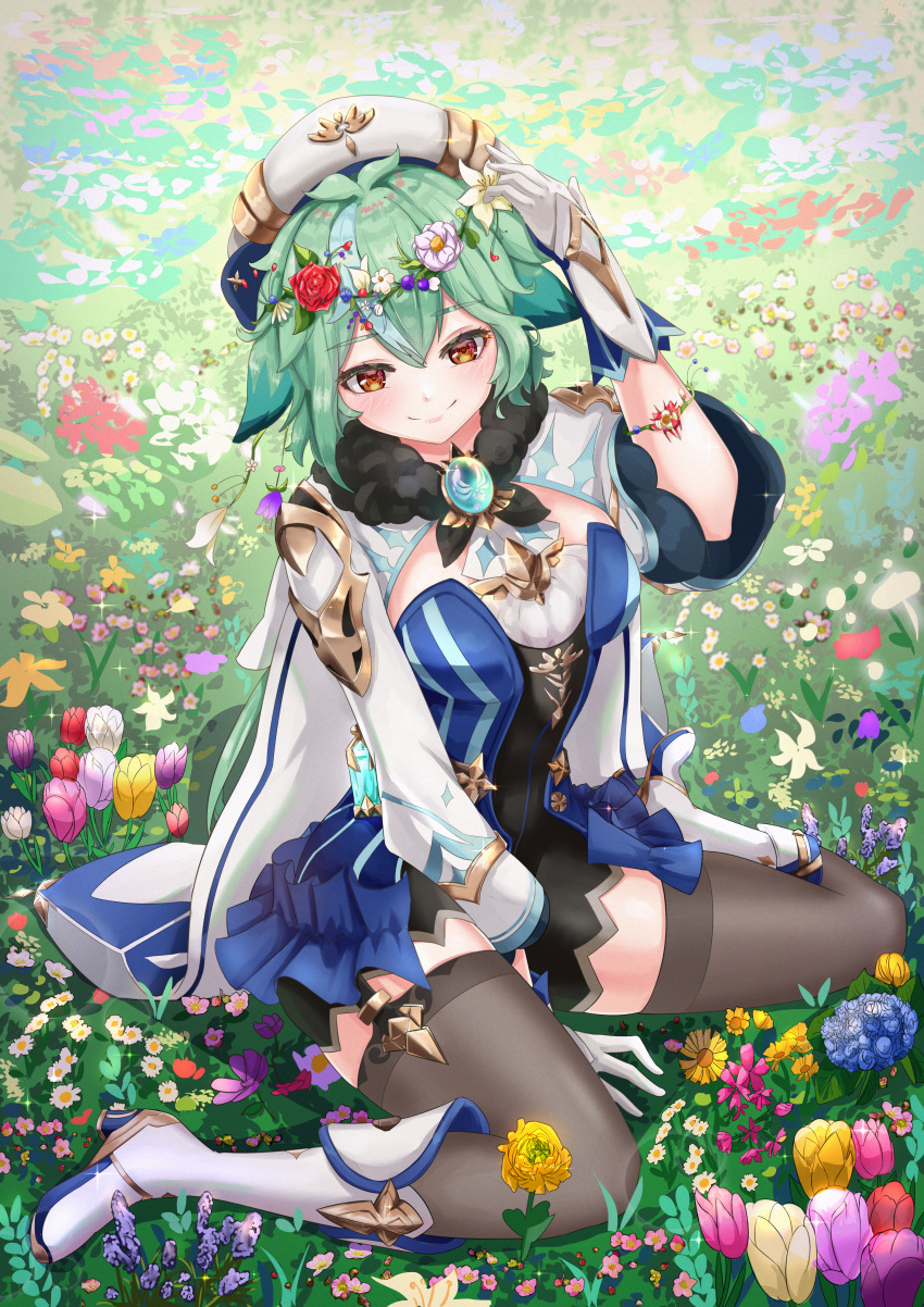 1girl absurdres bad_anatomy bangs blue_flower boots cape closed_mouth field flower flower_field full_body genshin_impact gloves grass green_hair head_wreath highres jacket long_sleeves medium_hair owo24 pink_flower red_flower rose sitting smile solo sucrose_(genshin_impact) thigh-highs wariza white_cape white_footwear white_gloves white_jacket yellow_eyes yellow_flower