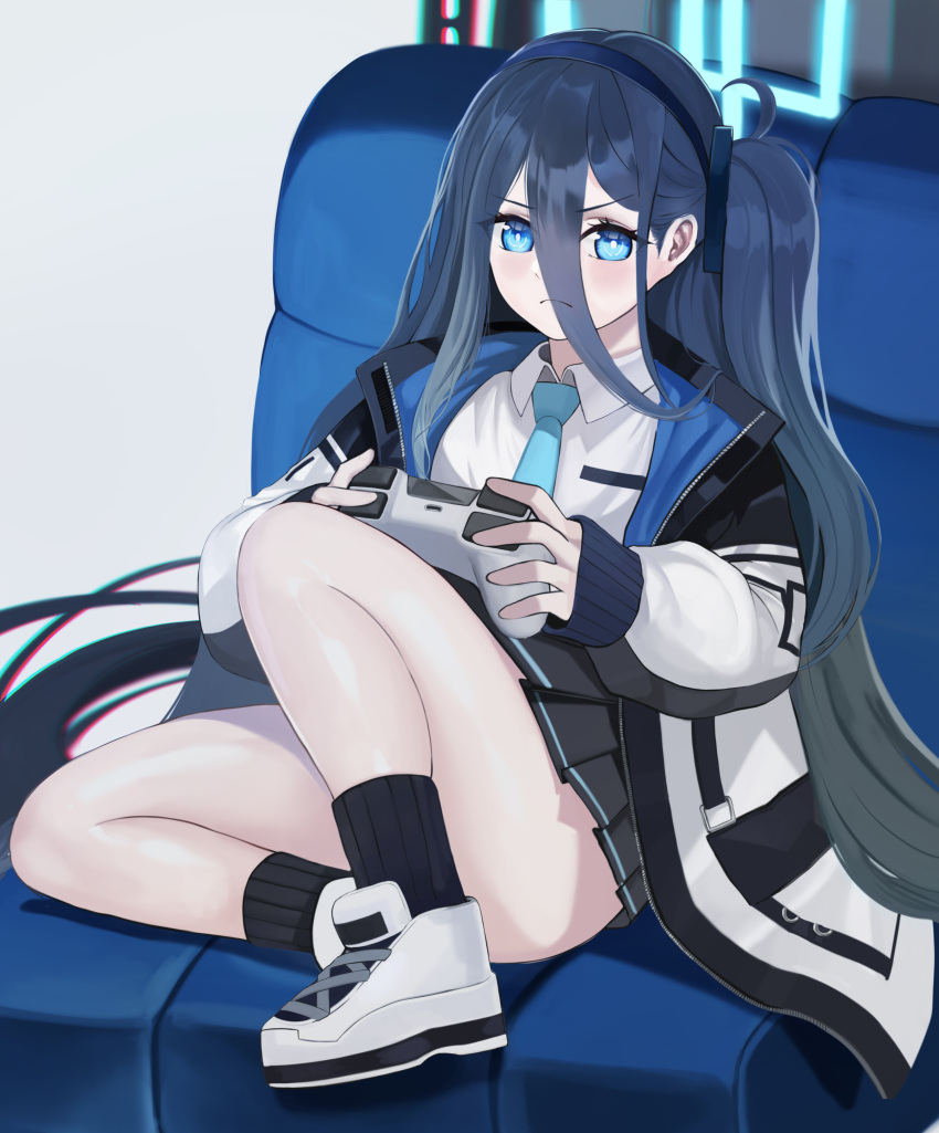 1girl absurdres arisu_(blue_archive) armchair bangs black_skirt blue_archive blue_eyes blue_hair blue_necktie blush chair closed_mouth controller eyebrows_visible_through_hair full_body game_controller gcg hair_between_eyes hairband highres holding holding_controller holding_game_controller jacket long_hair looking_at_viewer necktie open_clothes open_jacket shirt shoes side_ponytail simple_background sitting skirt sneakers socks solo unhappy white_footwear white_jacket white_shirt