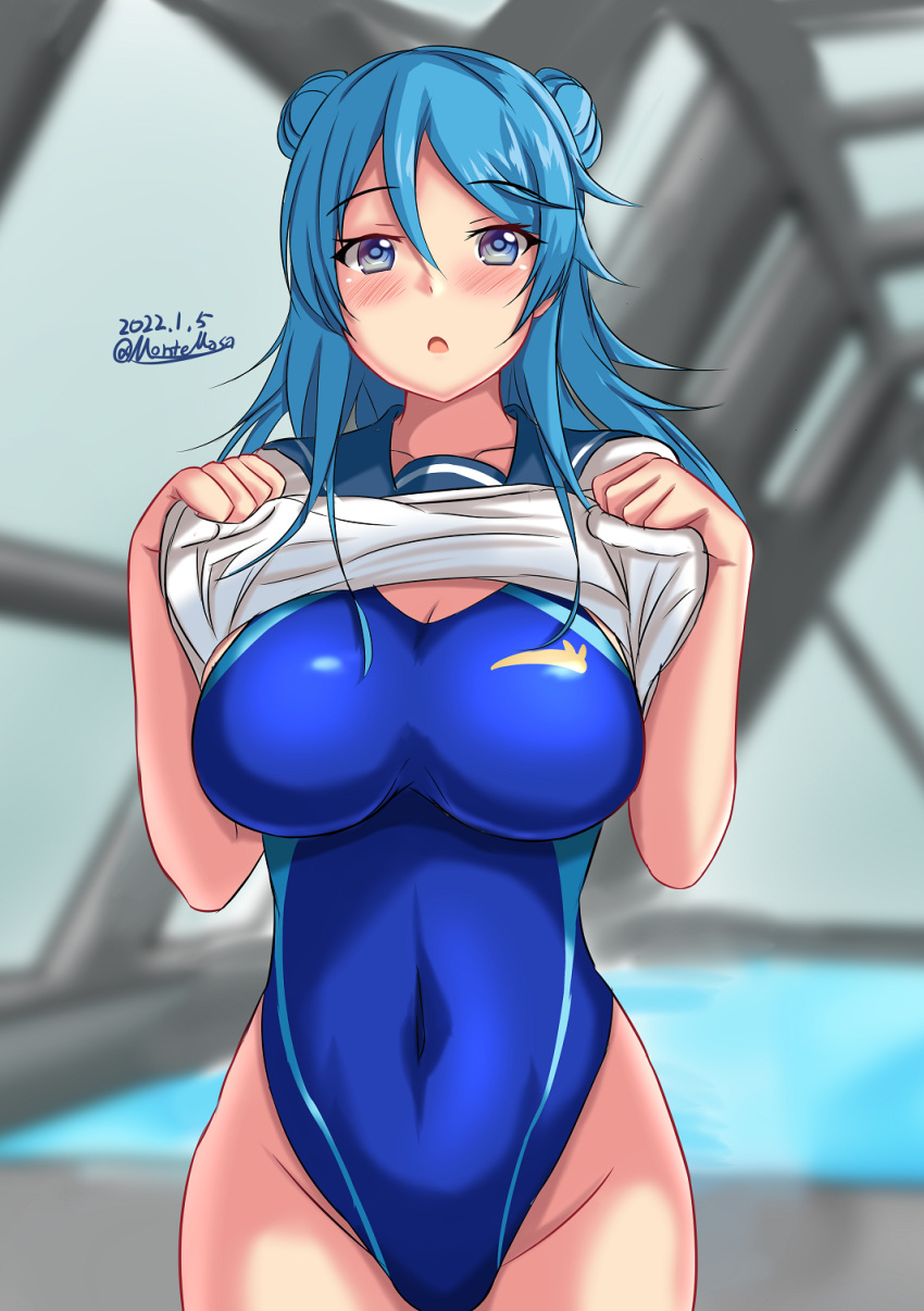 1girl blue_eyes blue_hair blue_sailor_collar blue_swimsuit breasts clothes_lift competition_swimsuit covered_navel cowboy_shot dated hat highleg highleg_swimsuit highres kantai_collection large_breasts looking_at_viewer medium_hair montemasa one-piece_swimsuit rei_no_pool sailor_collar sailor_hat sailor_shirt shirt shirt_lift sleeves_rolled_up solo swimsuit twitter_username urakaze_(kancolle)