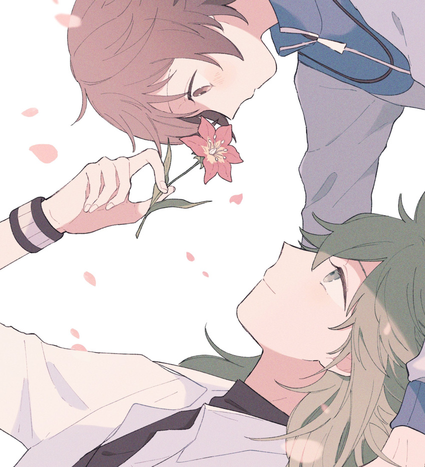 2boys brown_eyes brown_hair closed_mouth commentary_request cox2_nut eye_contact flower from_side green_eyes green_hair grey_jacket highres hilbert_(pokemon) holding holding_flower jacket long_hair looking_at_another male_focus multiple_boys n_(pokemon) petals pokemon pokemon_(game) pokemon_bw shirt short_hair smile undershirt white_shirt wristband zipper_pull_tab