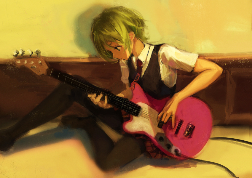 1girl 7ife absurdres bass_guitar black_legwear black_vest closed_mouth commentary english_commentary from_side full_body green_hair gumi highres indoors instrument looking_down music no_shoes pantyhose playing_instrument profile red_skirt shirt short_hair short_sleeves sitting skirt solo vest vocaloid white_shirt