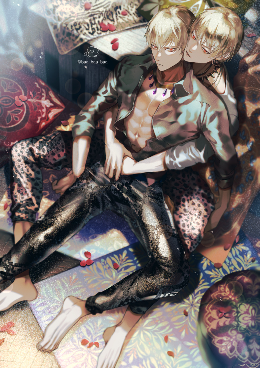 2boys abs bangs black_pants blonde_hair carpet earrings fate/grand_order fate_(series) gilgamesh_(fate) highres hug hug_from_behind jewelry looking_at_viewer lying male_focus multiple_boys necklace open_clothes open_shirt pants petals pillow red_eyes sakura_hitsuji shirt signature toned toned_male twitter_username unbuttoned unbuttoned_shirt white_shirt