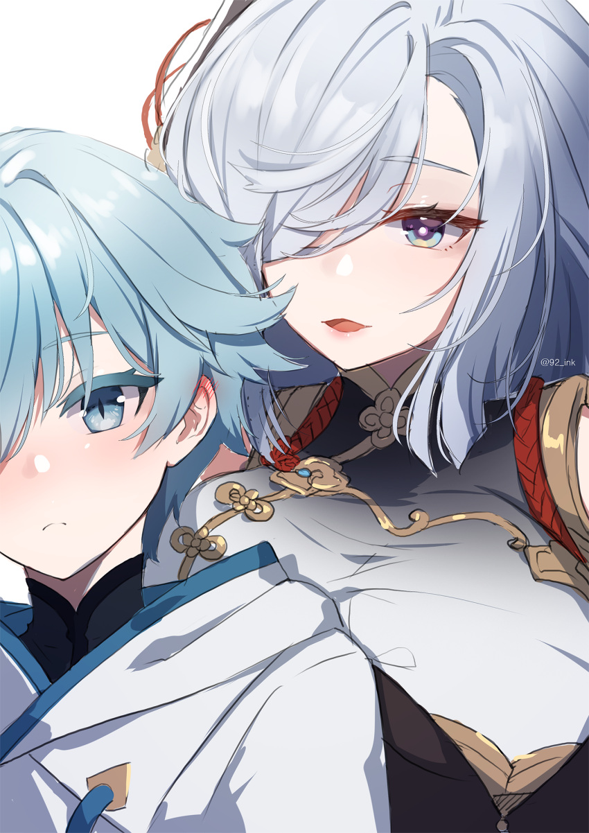 1boy 1girl ankkoyom bangs blue_eyes blue_hair blush breast_press breasts chongyun_(genshin_impact) commentary_request eyebrows_visible_through_hair genshin_impact hair_between_eyes hair_ornament hair_over_one_eye highres huge_breasts lips long_hair shenhe_(genshin_impact) white_hair