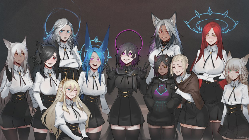 6+girls :d ;) ^_^ animal_ear_fluff arms_under_breasts artist_name bangs black_gloves black_hair black_legwear black_sclera black_skirt blonde_hair blue_eyes blue_hair braid breasts capelet closed_eyes collar colored_sclera commentary dark-skinned_female dark_skin double_w english_commentary facial_mark french_braid gloves grey_hair hair_between_eyes hair_over_one_eye halo horns juliet_sleeves large_breasts less long_hair long_sleeves looking_at_viewer multiple_girls one_eye_closed open_mouth original puffy_sleeves red_eyes redhead shirt short_hair side_braid simple_background skirt smile thigh-highs violet_eyes w white_shirt yellow_eyes zettai_ryouiki