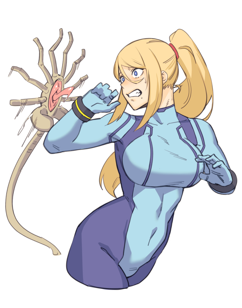 1girl blonde_hair blue_bodysuit blue_eyes blue_gloves blush bodysuit breasts covered_navel cropped_legs dyun facehugger gloves hair_between_eyes hands_up highres large_breasts metroid metroid_(classic) mole mole_under_mouth ponytail samus_aran scared simple_background solo white_background wide-eyed zero_suit