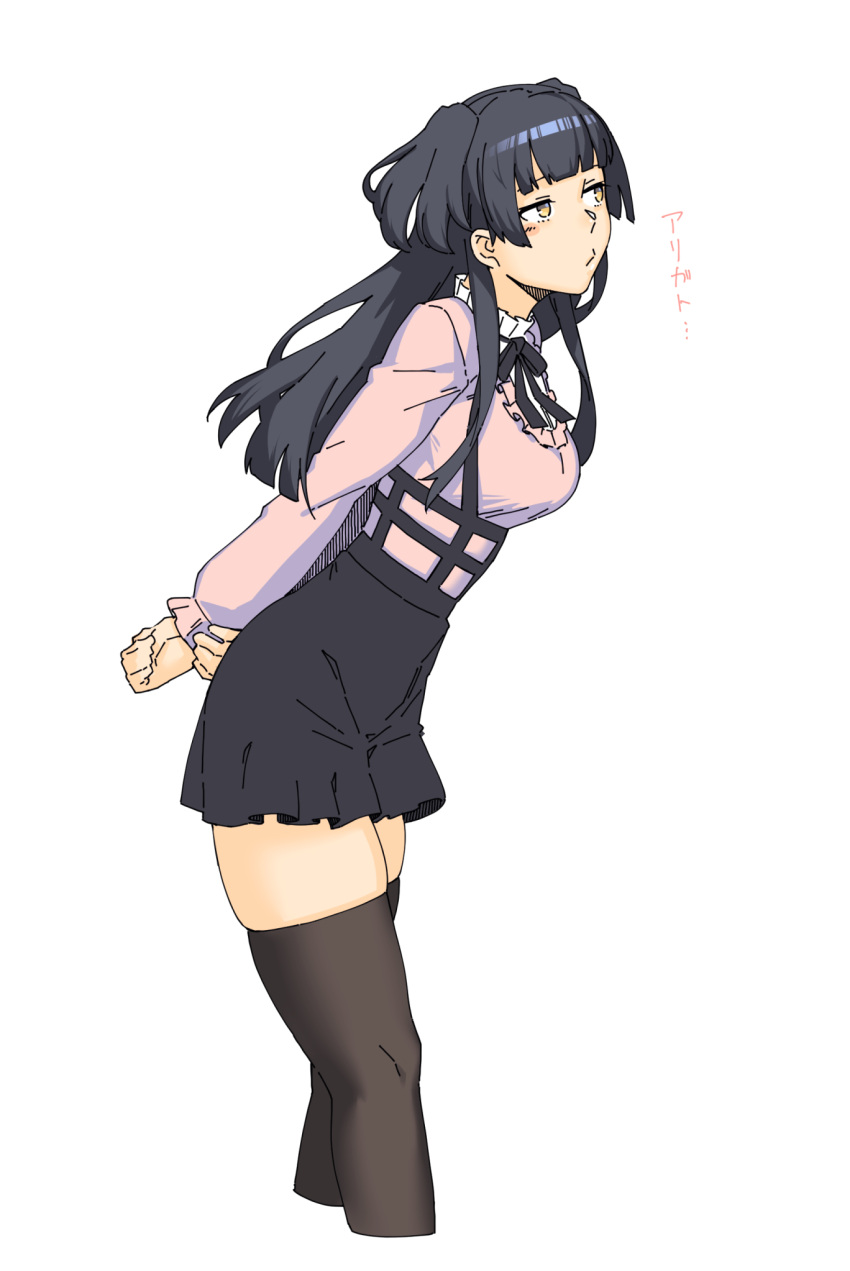 1girl arms_behind_back black_hair black_ribbon black_skirt blush brown_legwear closed_mouth cropped_legs dyun embarrassed from_side high-waist_skirt highres idolmaster idolmaster_shiny_colors long_hair long_sleeves mayuzumi_fuyuko miniskirt neck_ribbon pink_shirt ribbon shirt simple_background skirt solo thigh-highs translated two_side_up white_background yellow_eyes zettai_ryouiki
