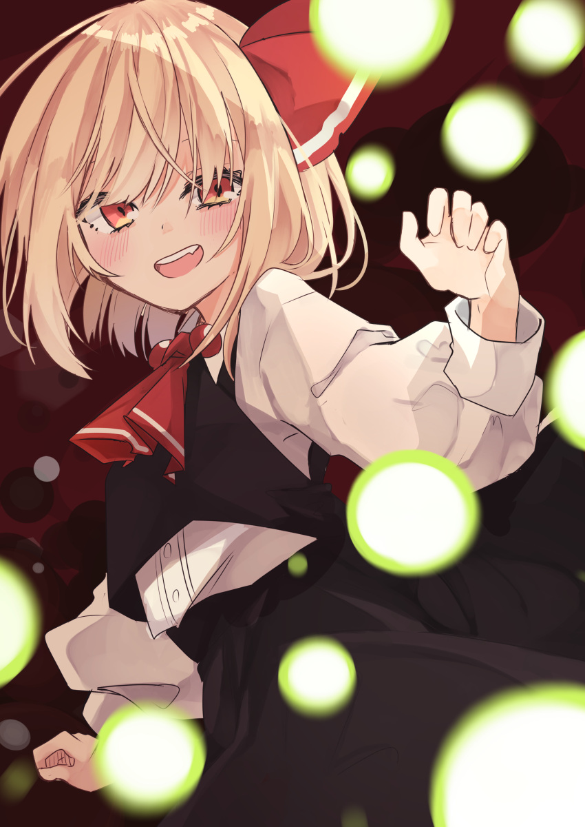 1girl absurdres ascot bangs black_dress black_skirt black_vest blonde_hair blush danmaku dress fang hair_ribbon highres looking_at_viewer open_mouth outstretched_arms red_ascot red_eyes red_ribbon ribbon rumia sabatuki shirt short_hair skirt skirt_set smile solo spread_arms symbol-only_commentary teeth touhou upper_teeth vest white_shirt