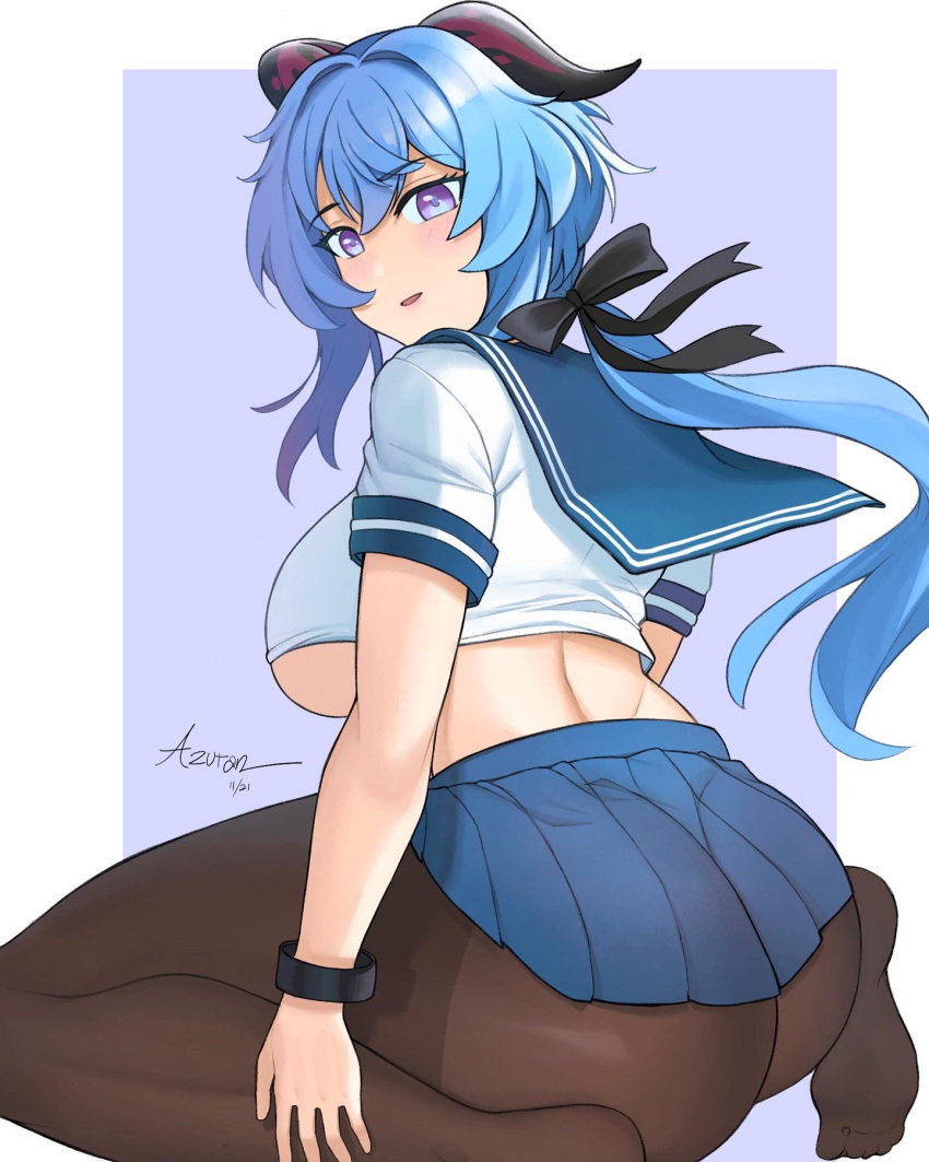 1girl alternate_breast_size alternate_costume aori_sora artist_name ass bangs black_legwear black_ribbon blouse blue_hair blue_sailor_collar blue_skirt bracelet breasts commentary crop_top dated english_commentary eyebrows_visible_through_hair floating_hair from_behind ganyu_(genshin_impact) genshin_impact goat_horns hair_ribbon highres horns jewelry large_breasts long_hair looking_at_viewer looking_back miniskirt pantyhose parted_lips pleated_skirt ponytail ribbon sailor_collar school_uniform serafuku short_sleeves signature sitting skirt sleeve_cuffs solo thighs under_boob violet_eyes wariza white_blouse