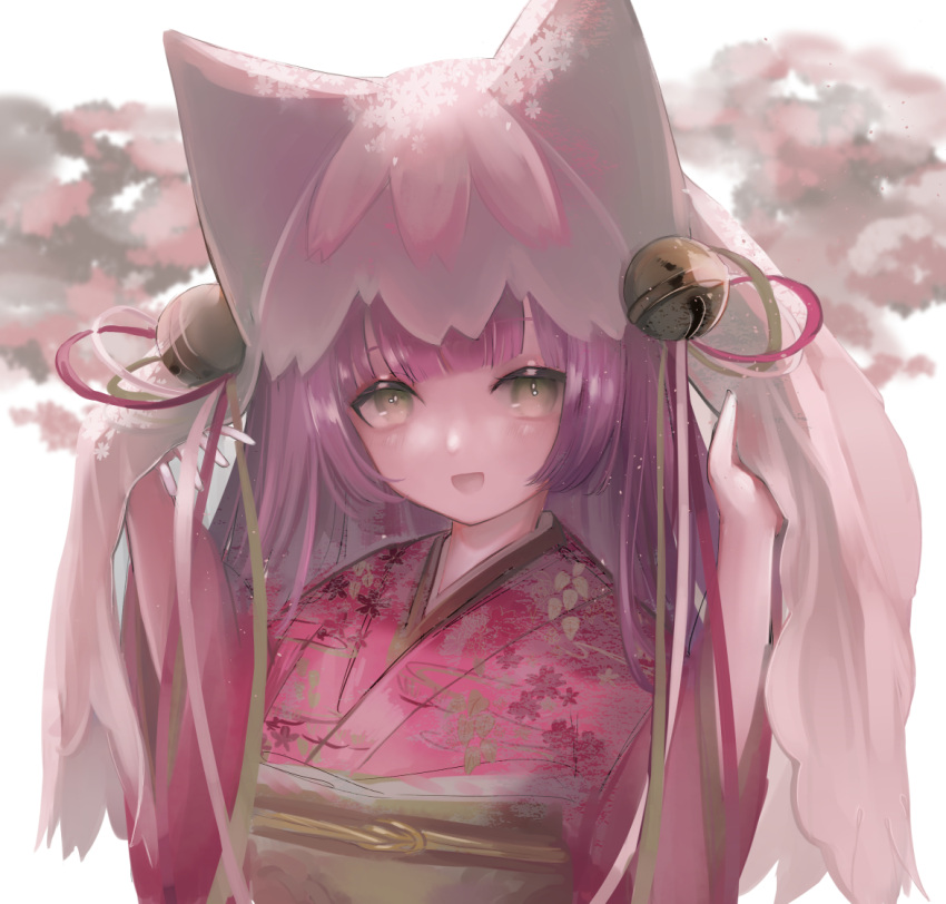 :d animal_ears bangs bell blurry blurry_background character_request depth_of_field eyebrows_visible_through_hair floral_print green_eyes hands_up hemorina japanese_clothes jingle_bell kimono looking_at_viewer obi pink_kimono print_kimono purple_hair puzzle_&amp;_dragons sash see-through simple_background smile upper_body veil white_background