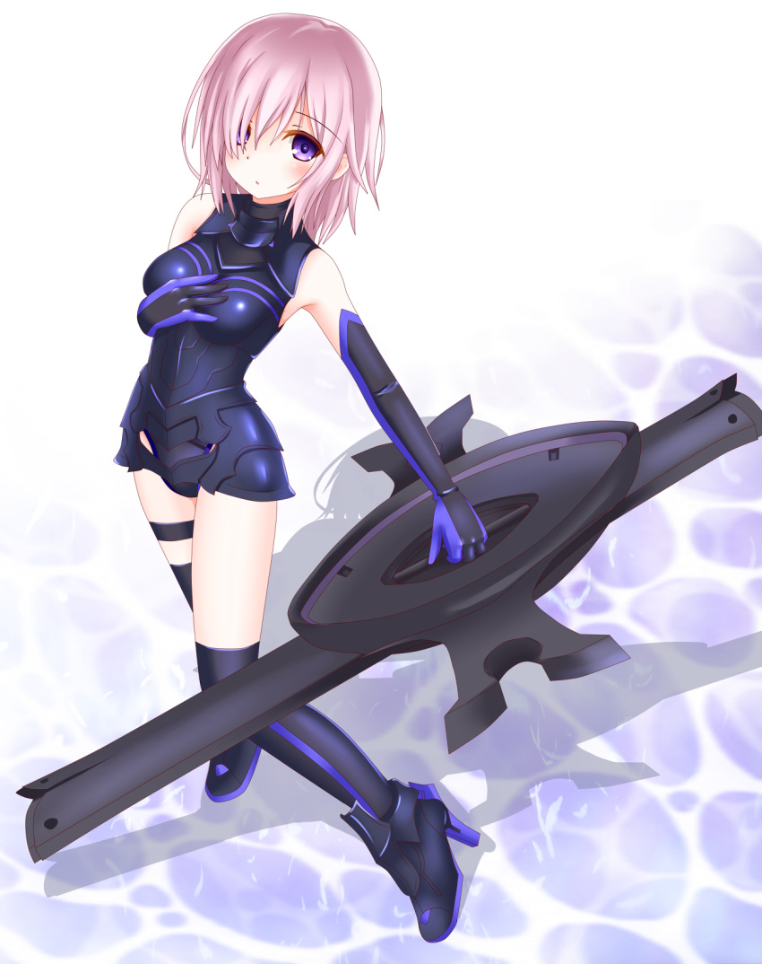 1girl 1other armor bare_shoulders black_armor black_gloves breastplate closed_mouth clouds cloudy_sky commentary_request elbow_gloves eyebrows_visible_through_hair eyes_visible_through_hair fate/grand_order fate_(series) gloves grass hair_over_one_eye highres holding holding_shield holding_weapon langley1000_ light_purple_hair looking_at_viewer mash_kyrielight mountain out_of_frame outdoors pov purple_eyes purple_gloves shield short_hair sky smile two-tone_gloves weapon
