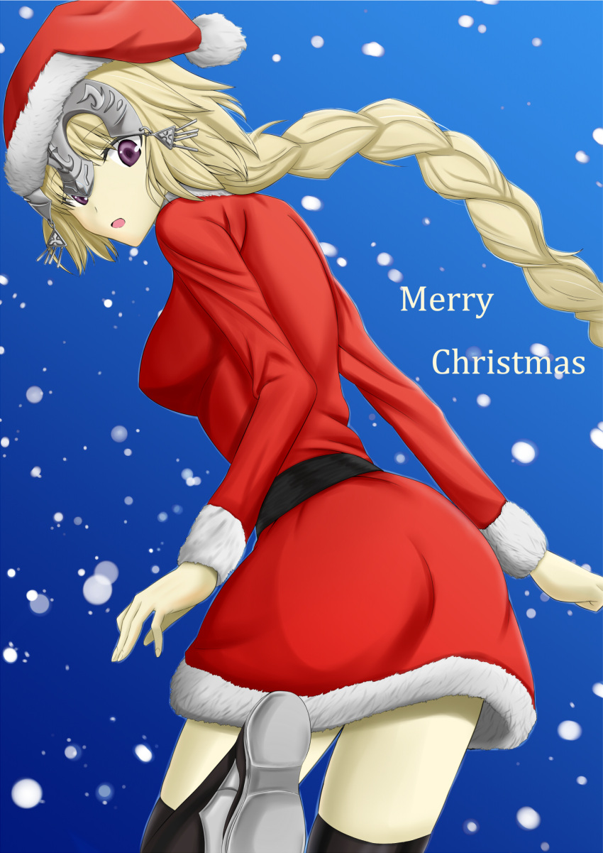 1girl :o absurdres akashirosen black_legwear blonde_hair blue_eyes bow breasts capelet christmas commentary_request dress fate/apocrypha fate/grand_order fate_(series) fur-trimmed_capelet fur-trimmed_dress fur-trimmed_gloves fur-trimmed_legwear fur_trim gloves green_bow hat high_heels highres holding holding_sack jeanne_d'arc_(fate) jeanne_d'arc_(fate)_(all) long_hair looking_at_viewer medium_breasts merry_christmas moon night night_sky open_mouth red_capelet red_dress red_footwear red_gloves red_hat sack santa_costume santa_hat side_slit sky sleeveless sleeveless_dress solo thigh-highs very_long_hair