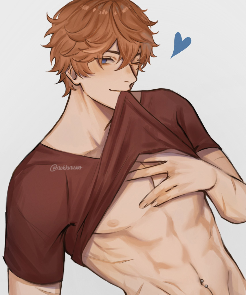 &gt;_o 1boy abs bangs bare_pectorals blue_eyes brown_shirt clothes_lift genshin_impact hand_on_own_chest heart highres lifted_by_self looking_at_viewer male_focus navel navel_piercing nipples nokkusuart one_eye_closed orange_hair pectorals piercing shirt shirt_lift short_hair simple_background solo tartaglia_(genshin_impact) toned toned_male twitter_username upper_body