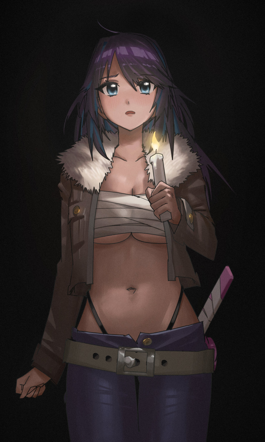 1girl absurdres bangs belt black_background black_panties black_pants breasts brown_jacket candle collarbone eyebrows_visible_through_hair fire fur_trim highres holding holding_candle indie_virtual_youtuber jacket kson large_breasts midriff navel open_mouth panties pants purple_hair sarashi sheath sheathed solo souchou sword symbol-only_commentary under_boob underwear virtual_youtuber weapon white_belt xiaoju_xiaojie