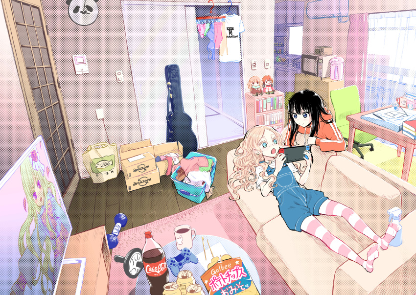 2girls :3 absurdres bag black_hair blonde_hair blue_eyes book bookshelf box bra bra_removed brand_name_imitation can cardboard_box carpet chair character_doll character_request chips clock closed_mouth coca-cola coffee_mug commentary_request controller couch cup curly_hair dumbbell dutch_angle fang fish food freckles futari_escape game_controller guitar_case halftone handbag highres holding holding_controller holding_game_controller hood hood_down hoodie indoors instrument_case kouhai_(futari_escape) laundry_basket long_hair looking_at_object lying microwave mug multiple_girls nintendo_switch no_shoes office_chair official_art on_back on_couch open_mouth orange_hoodie overalls pantyhose pen pink_legwear senpai_(futari_escape) shirt shirt_removed skin_fang striped striped_legwear table taguchi_shouichi television underwear violet_eyes white_legwear white_shirt wooden_floor