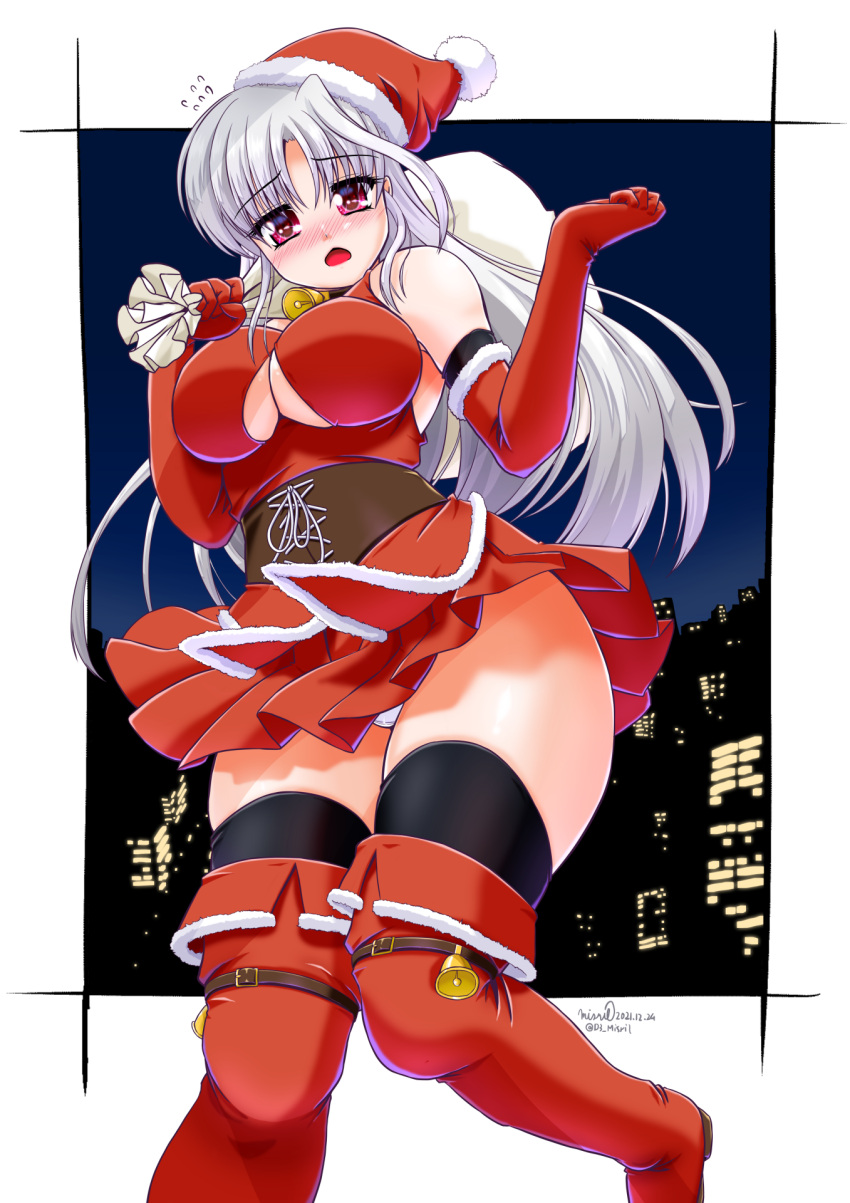 1girl artist_name bell black_legwear blush boots breasts christmas cityscape cleavage_cutout clothing_cutout commentary_request dated dress elbow_gloves embarrassed eyebrows_visible_through_hair flying_sweatdrops frown gloves hat highres holding holding_sack large_breasts long_hair looking_at_viewer lyrical_nanoha misril night open_mouth outside_border over_shoulder panties pantyshot pleated_dress red_eyes red_footwear red_gloves red_headwear reinforce sack santa_boots santa_gloves santa_hat short_dress signature silver_hair sleeveless sleeveless_dress solo standing standing_on_one_leg thigh-highs thigh_boots thighs twitter_username underwear white_panties