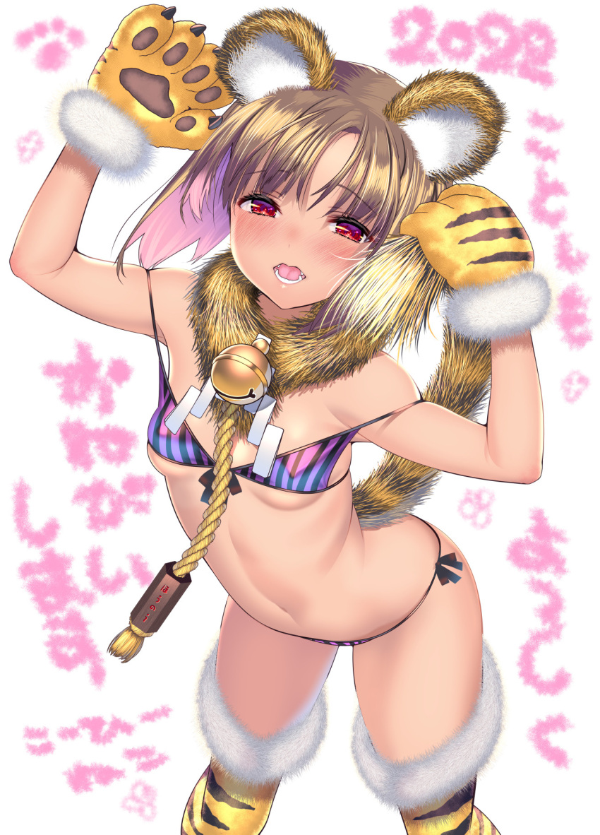 animal_ears animal_hands animal_print bangs bell bikini blonde_hair blush breasts chinese_zodiac coffee_cat collar colored_inner_hair eyebrows_visible_through_hair fur_trim gloves highres looking_at_viewer multicolored_hair neck_bell open_mouth original paw_gloves red_eyes short_hair small_breasts striped striped_bikini swimsuit tail thigh-highs tiger_ears tiger_print tiger_tail year_of_the_tiger