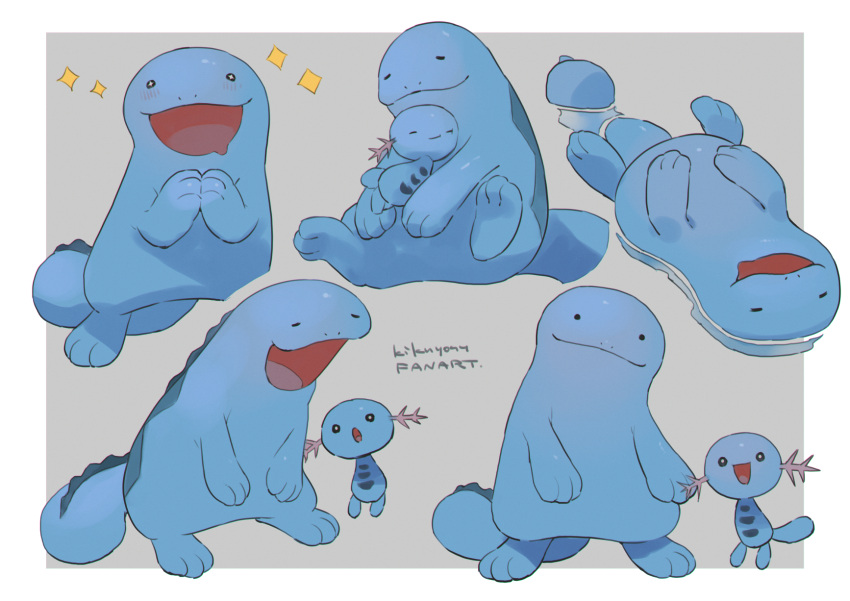 +_+ black_eyes blush border closed_mouth commentary_request drooling evolutionary_line grey_background highres kikuyoshi_(tracco) mouth_drool multiple_views no_humans open_mouth pokemon pokemon_(creature) quagsire signature smile sparkle standing toes tongue white_border wooper